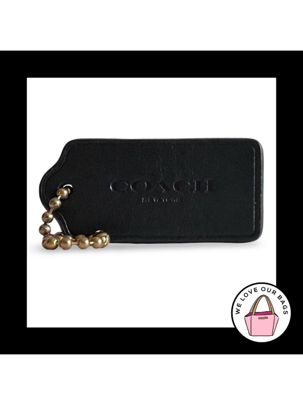 COACH HANG TAG 2.25" Black Leather Bag Charm Keychain Fob New York Antique Brass